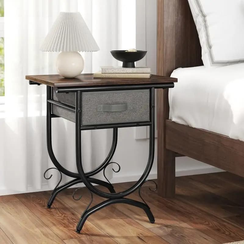 Mesa de Noche Industrial de 2 Niveles con Cajón de Tela y Superficie de Madera