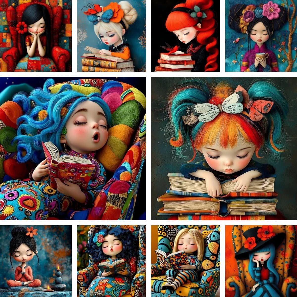 Pintura de diamante artesanal, póster de lectura de mosaico, imagen de libro de niña, diamantes de imitación, tiempo silencioso, bordado de