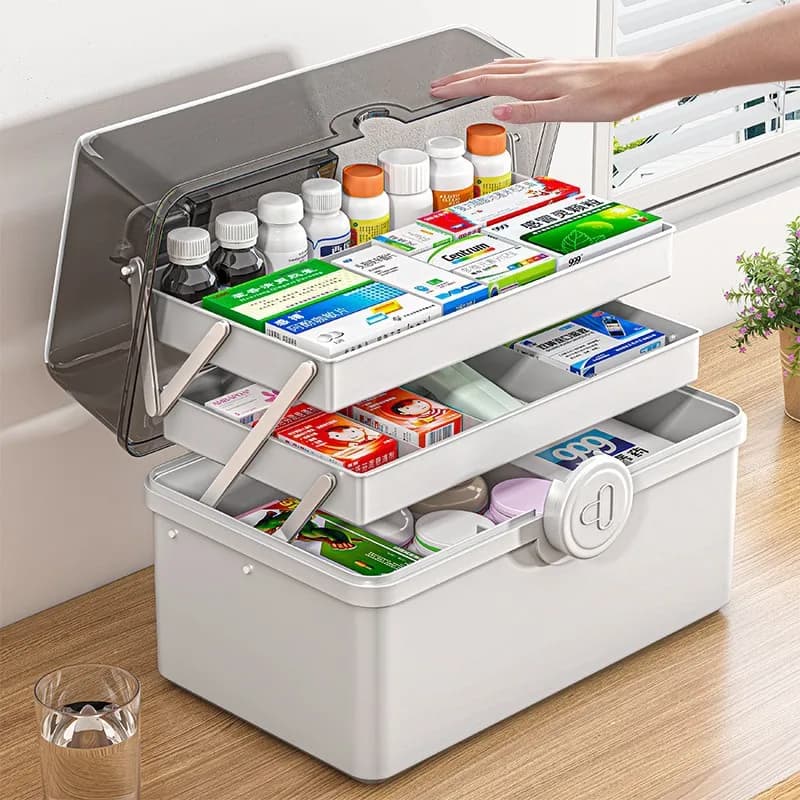 Caja de almacenamiento organizadora de medicina familiar de gran capacidad de 3 capas, botiquín de primeros auxilios portátil, contenedor de