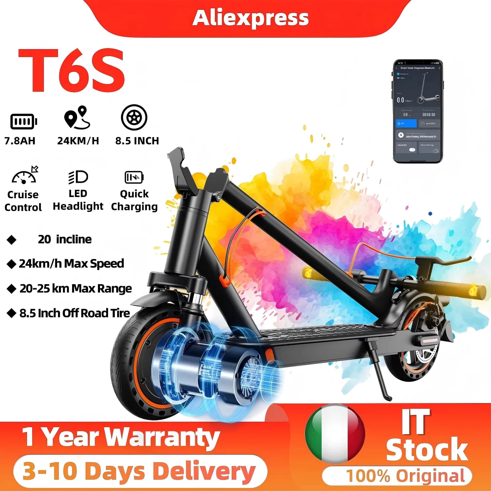 Patinete eléctrico para adultos T6S, 30 km, amortiguador,batería de 36 V 10.4 Ah, intermitentes, antirrobo