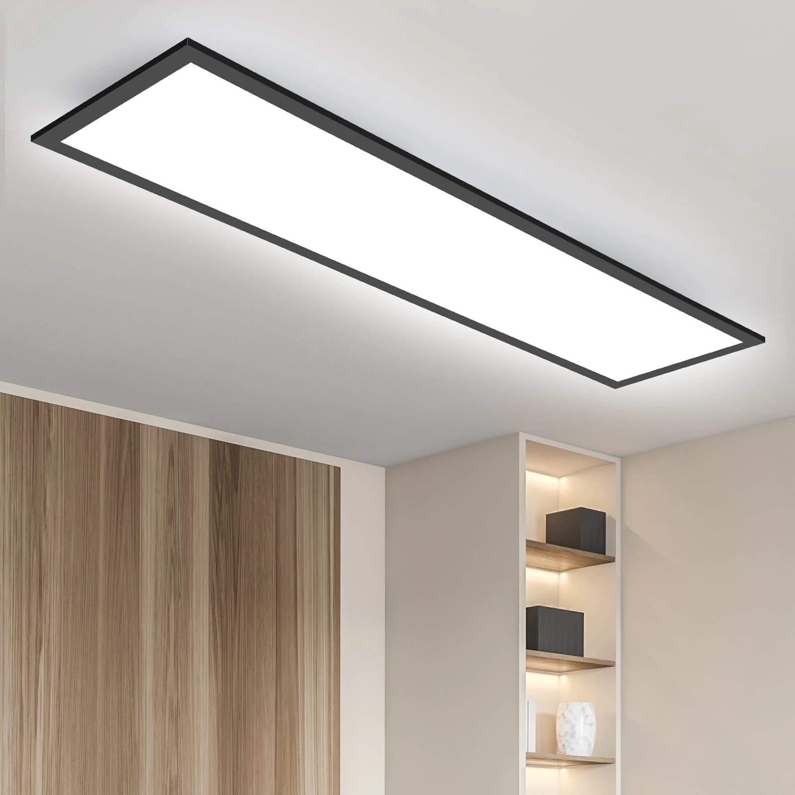 Panel de Luz LED para Techo, 100x25cm, Marco Negro Plano, 30W 3300LM, 3000K-6500K, Regulable, con Control Remoto, Lámpara para Oficina, Pasillo,