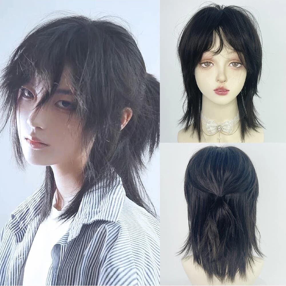 Pelucas cortas de cabeza de salmonete con flequillo, peluca de pelo liso sintético de Anime para hombres, peluca de pelo negro, gris y verde para