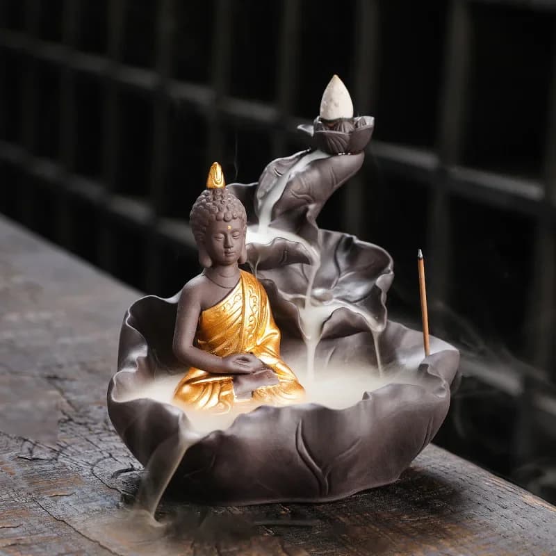 Quemador de incienso de reflujo de Buda Zen de arcilla púrpura creativo, soporte de palo de incienso de loto, incensario de decoración del hogar de