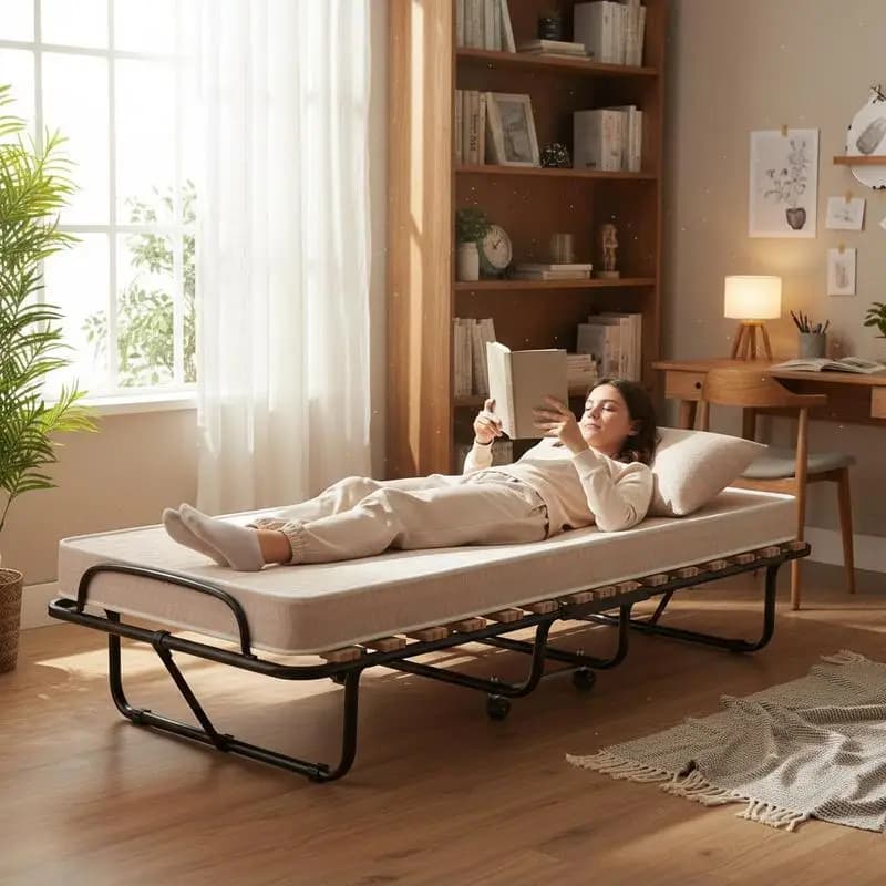 Cama plegable con colchón, cama de invitados portátil y enrollable 190cm x 80cm x 33cm Beige hecha en Italia