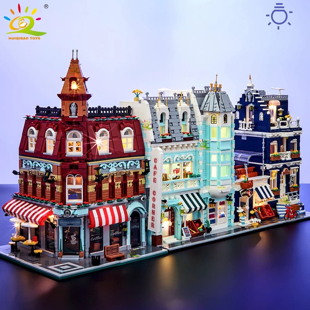 HUIQIBAO juguetes MOC ciudad esquina cafetería estilo arquitectura vista a la calle Micro bloques de construcción para niños ladrillos de