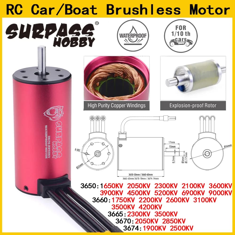 Surpass Hobby KK 3650 3660 3665 3670 3674 Motor sin escobillas impermeable para 1/8 1/10 1/12 RC coche Drift Racing todoterreno camión