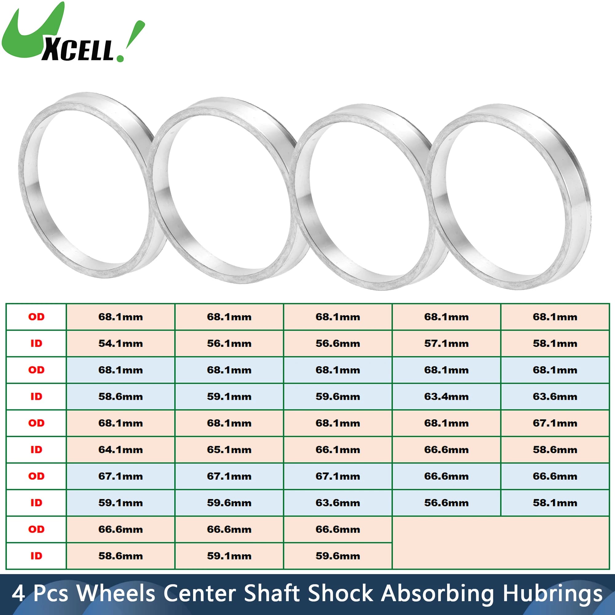 UXCELL 4 Uds anillo centrado de cubo de rueda de coche OD 66,6mm 68,1mm a ID 54,1/56,1/56,6/58,1/59,6mm ruedas eje central bujes de choque