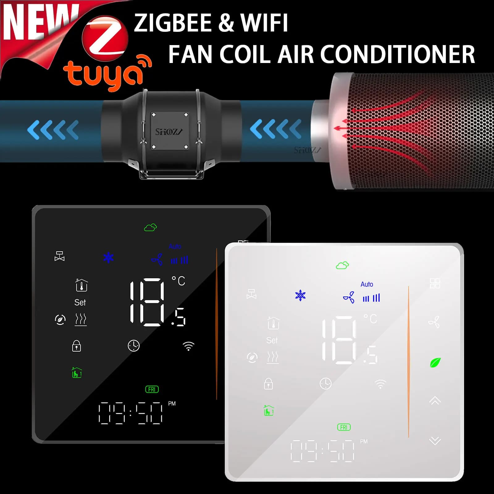 Termostato de sala de bobina de ventilador de 2/4 tuberías con conexión Wi-Fi TUYA - Controlador de temperatura HVAC para calefacción y