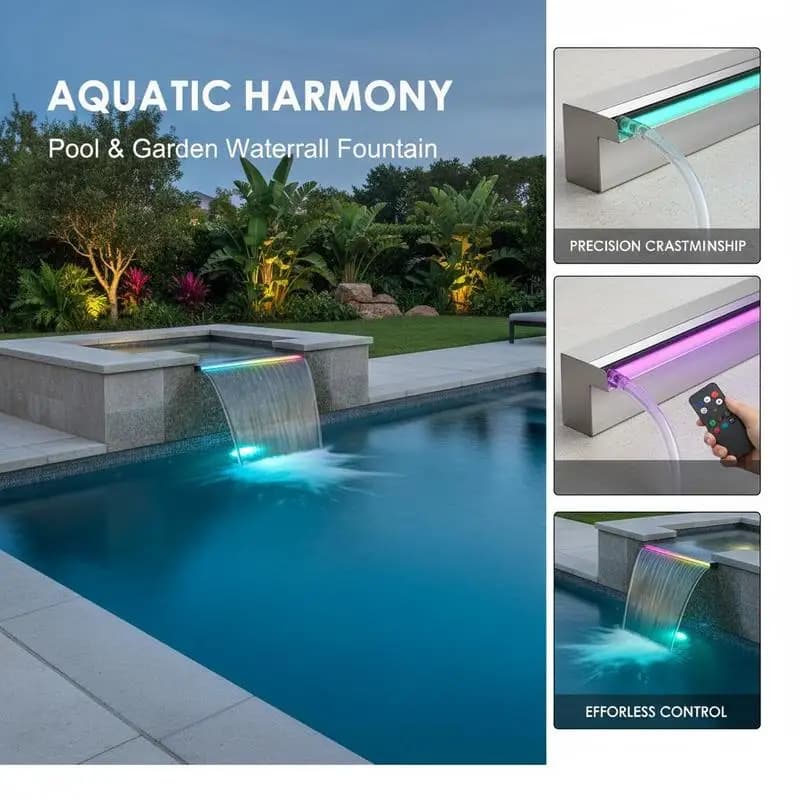 Cascada para piscina de 120x11,5x8 cm, fuente de agua en cascada de acero inoxidable con tira LED de colores, conector de tubo, control remoto,