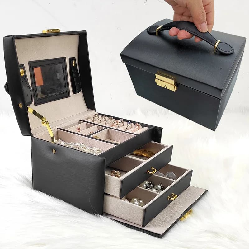 Joyero portátil de tres niveles, organizador de almacenamiento de madera para pendientes, collares, anillos con cerradura transfronteriza