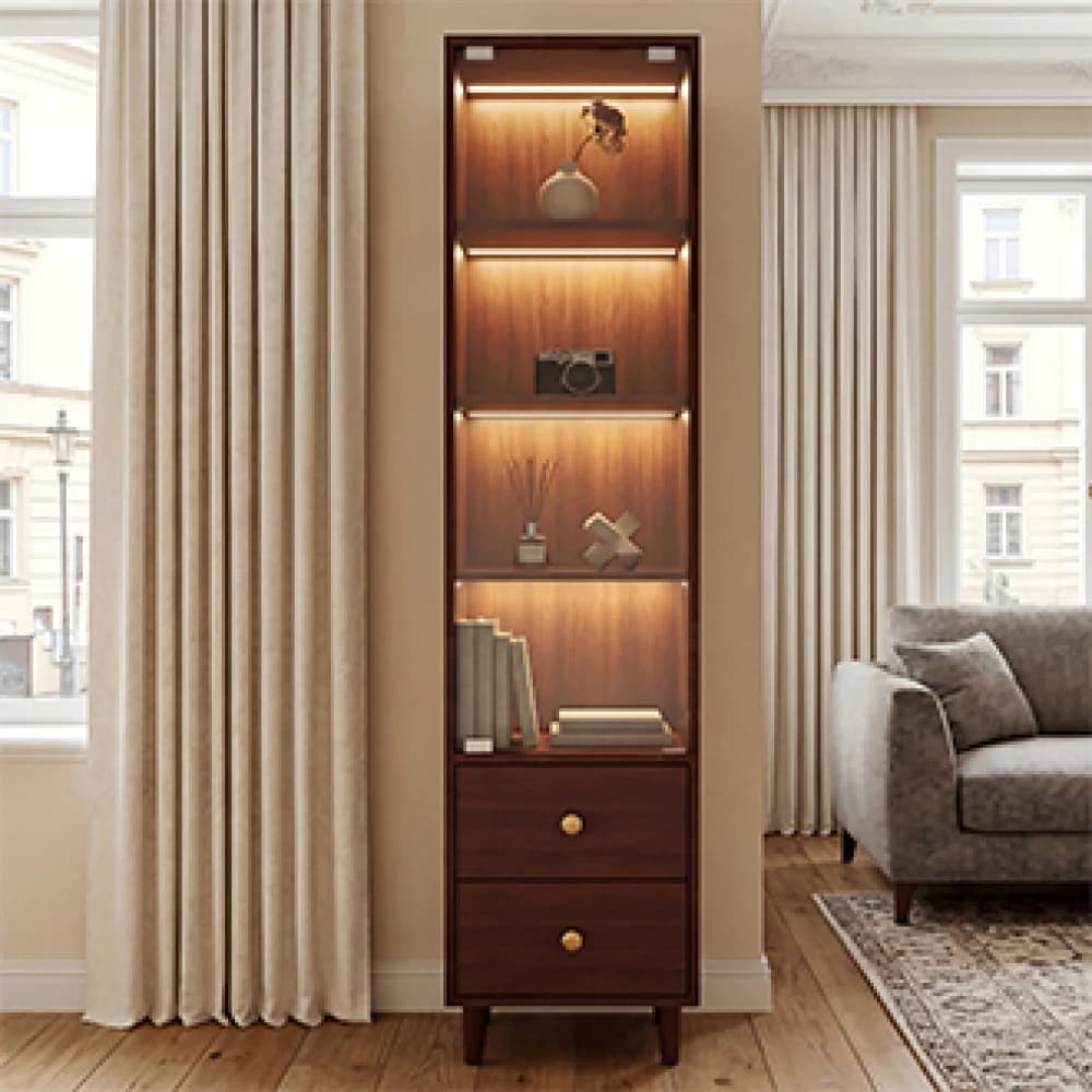 Vitrina de madera retro de 165 x 40 x 35 cm, estantería moderna con iluminación LED, puertas de vidrio templado y 2 cajones de almacenamiento,