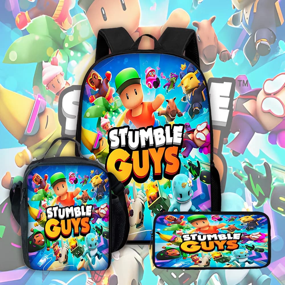 Mochila escolar para niños con dibujos animados en 3D de Stumbles Guys, con bolsas para el almuerzo, bolsas para lápices, mochilas escolares para