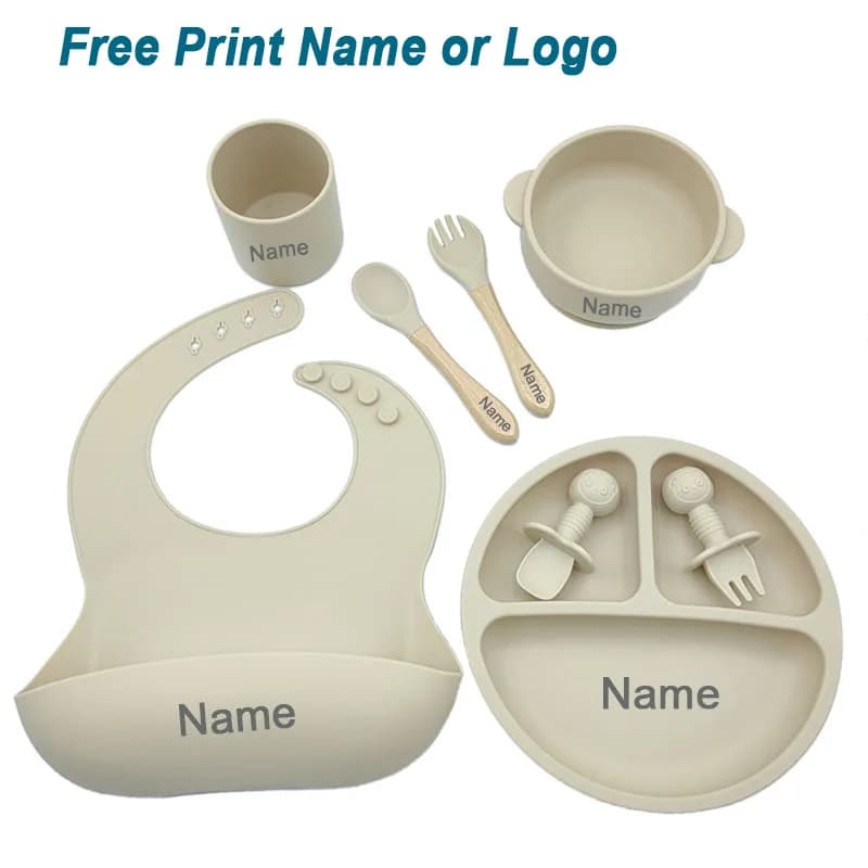Juego de alimentación de silicona con nombre personalizado para bebé, cuenco con ventosa, platos de silicona, plato para taza de bebé, Baberos,