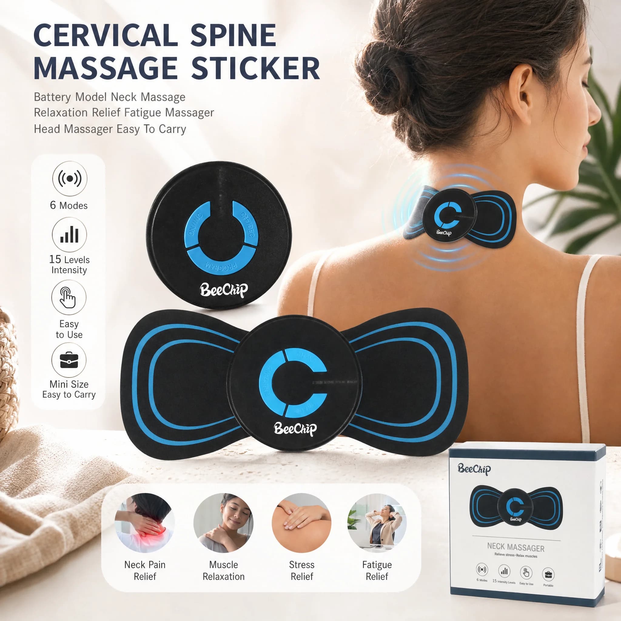 Parche Masajeador Cervical con Batería, Dispositivo Portátil para Cuello y Cabeza, Alivia la Fatiga Muscular y Tensiones, Efecto Relajante Profundo,