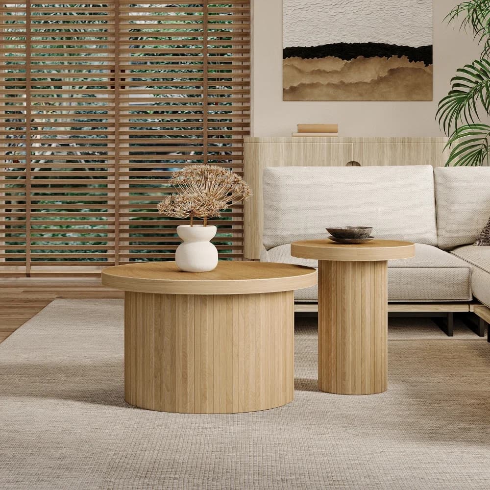 Mesa de centro, mesa redonda doble, mesa auxiliar con bandejas de madera natural. Mesa de salón multifuncional, mesa de té
