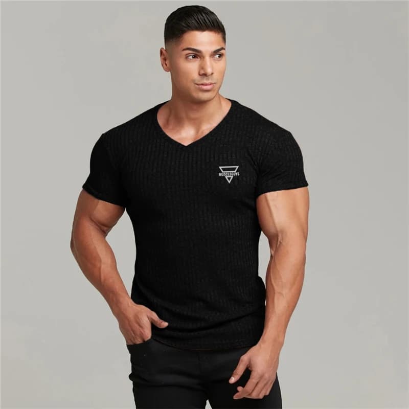 Camiseta de manga corta con cuello en V para culturismo para hombre, camiseta ajustada con tiras de punto para gimnasio y Fitness, ropa transpirable