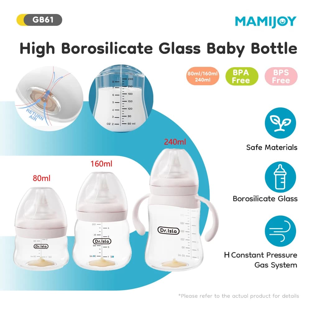 Biberón de Vidrio para Bebé 80/160/240ml, Vidrio de Borosilicato de Alta Calidad, Boca Ancha, Anti-cólicos, con Escala Visible, Libre de BPA
