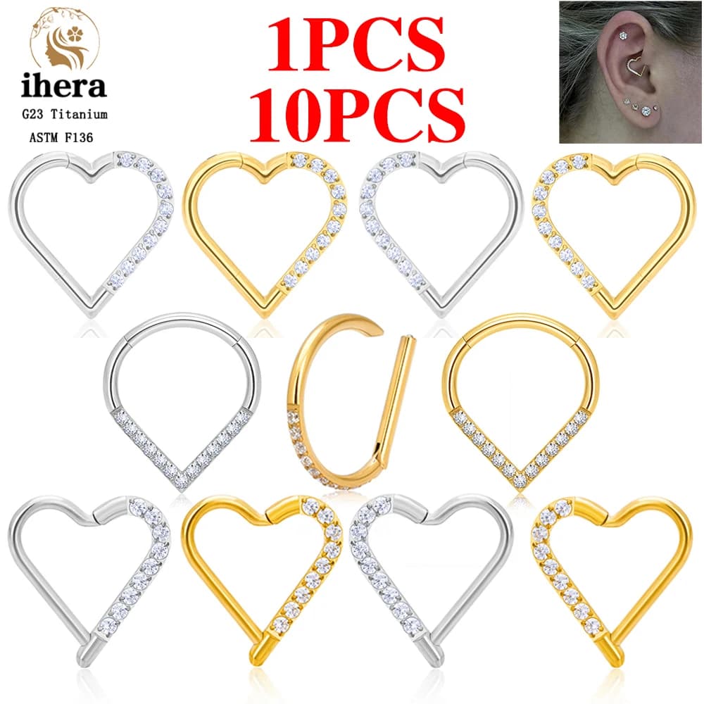 1/10 Uds G23 pendiente de corazón de titanio aro 16G CZ segmento con bisagras cartílago de la oreja Tragus Helix Conch Daith anillos joyería para