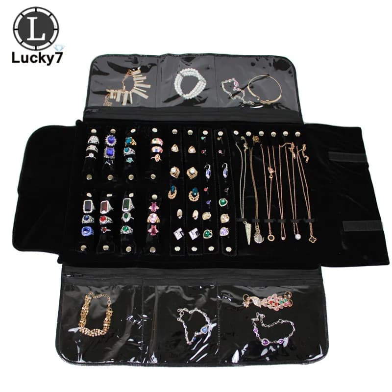 Bolsa de almacenamiento de rollo de joyería de terciopelo con cremallera portátil, bolsa para anillo, colgante, collar, organizador de viaje