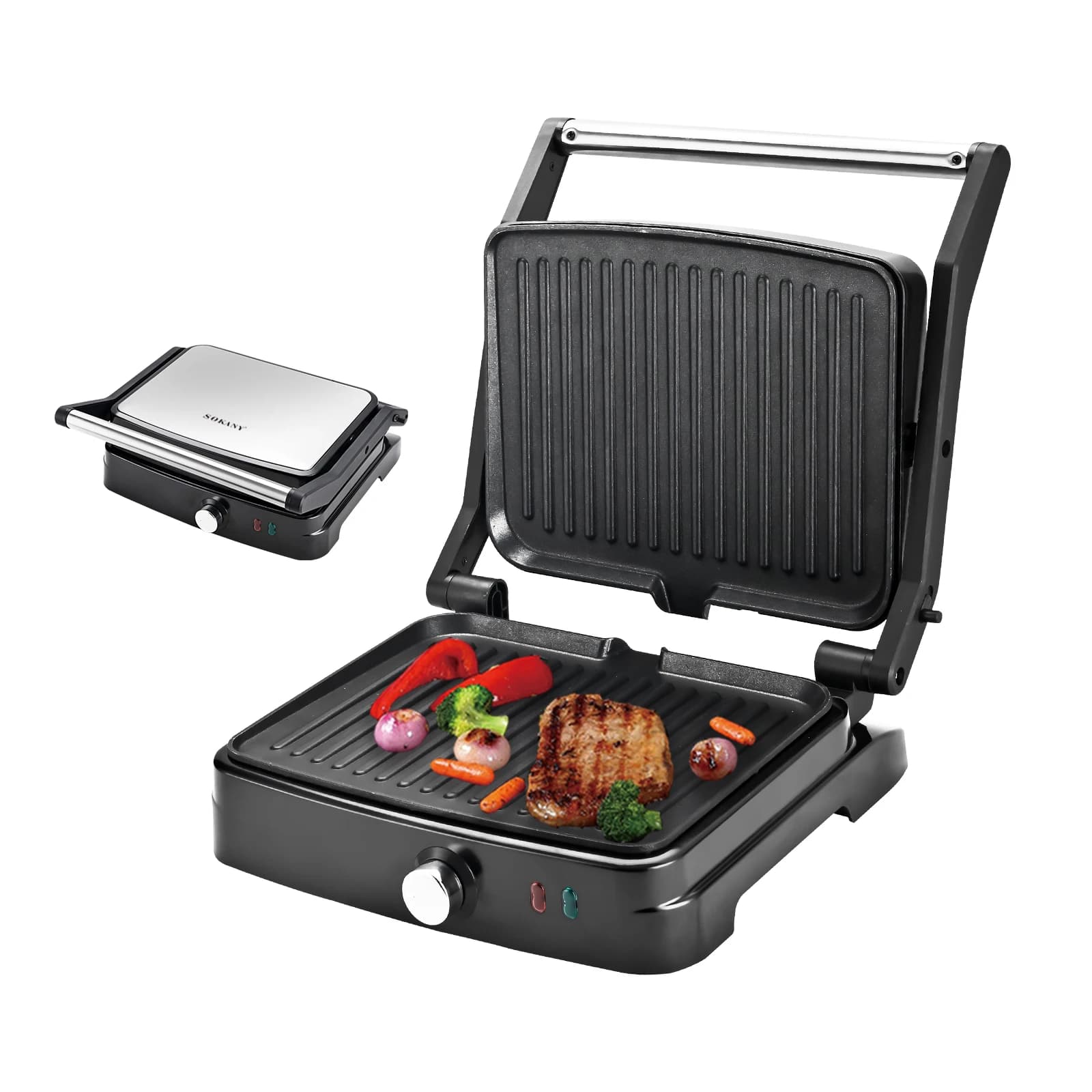 Parrila electrica, grill y plancha electrica, sandwichera con placas grill, 2000 W, apertura de 180º, cuerpo de acero inoxidante. Sokany