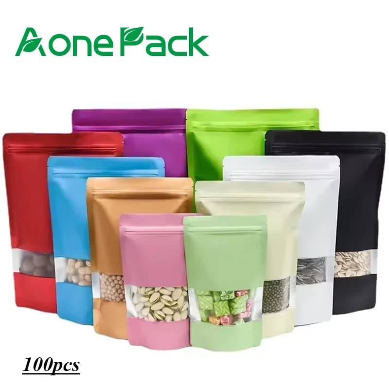 100 Uds. Bolsa con cierre de cremallera de papel de aluminio con cierre de cremallera, bolsa de plástico con sellado térmico resellable,