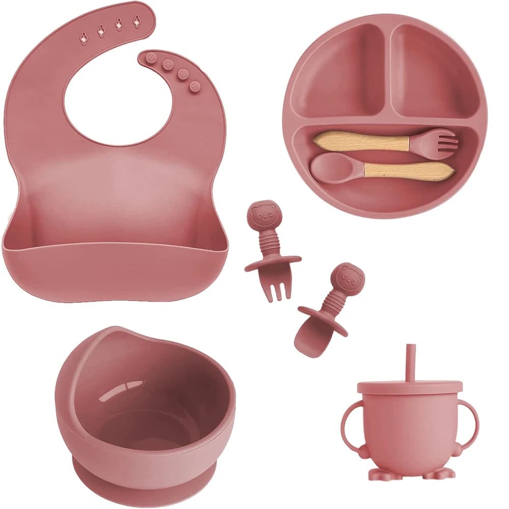 Vajilla De Silicona De 6-8 Piezas Para Bebé Juego De Baberos Con Ventosa Tazón Cuchara Tenedor Taza De Alimentación Plato Dividido Platos
