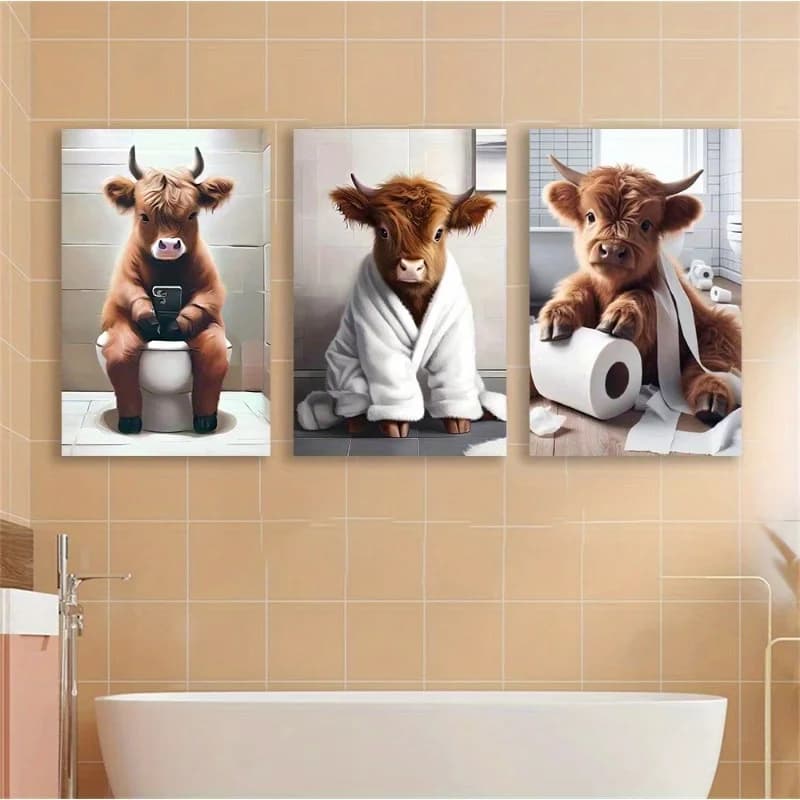 Pósteres en lienzo de vaca de las tierras altas escocesas sin marco, arte de pared de baño caprichoso con impresiones de animales de granja