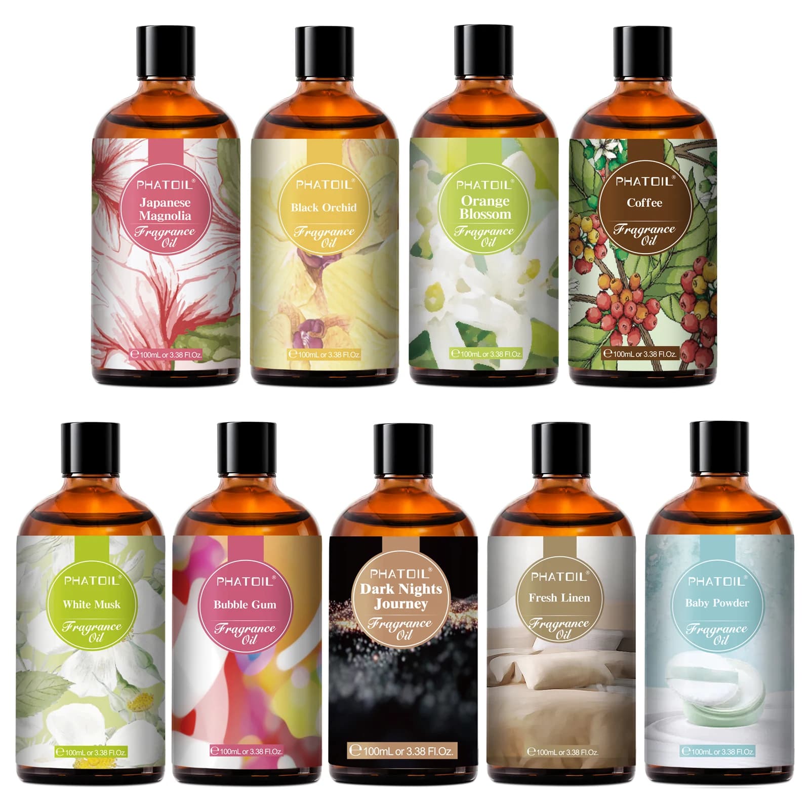 PHATOIL 100ml (3,38 Fl Oz) aceite aromático para difusor de aromaterapia-goma de almizcle blanca polvo para bebé aceites aromáticos de café
