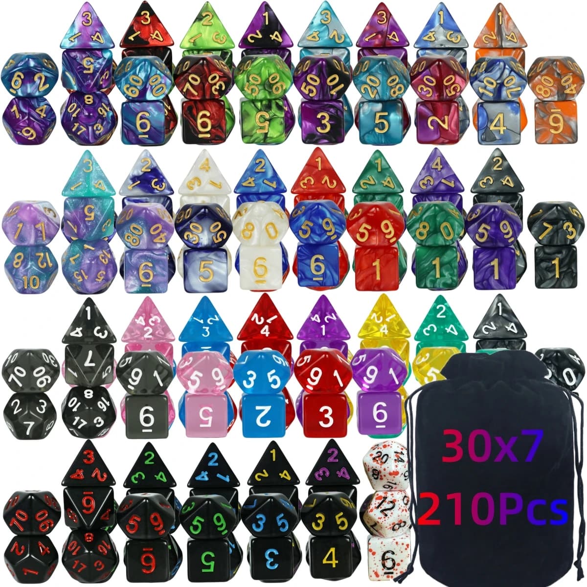 Juego de dados multicolores de 210 Uds., RPG poliédrico, DND, juego de mesa de dragones, dados múltiples con bolsa