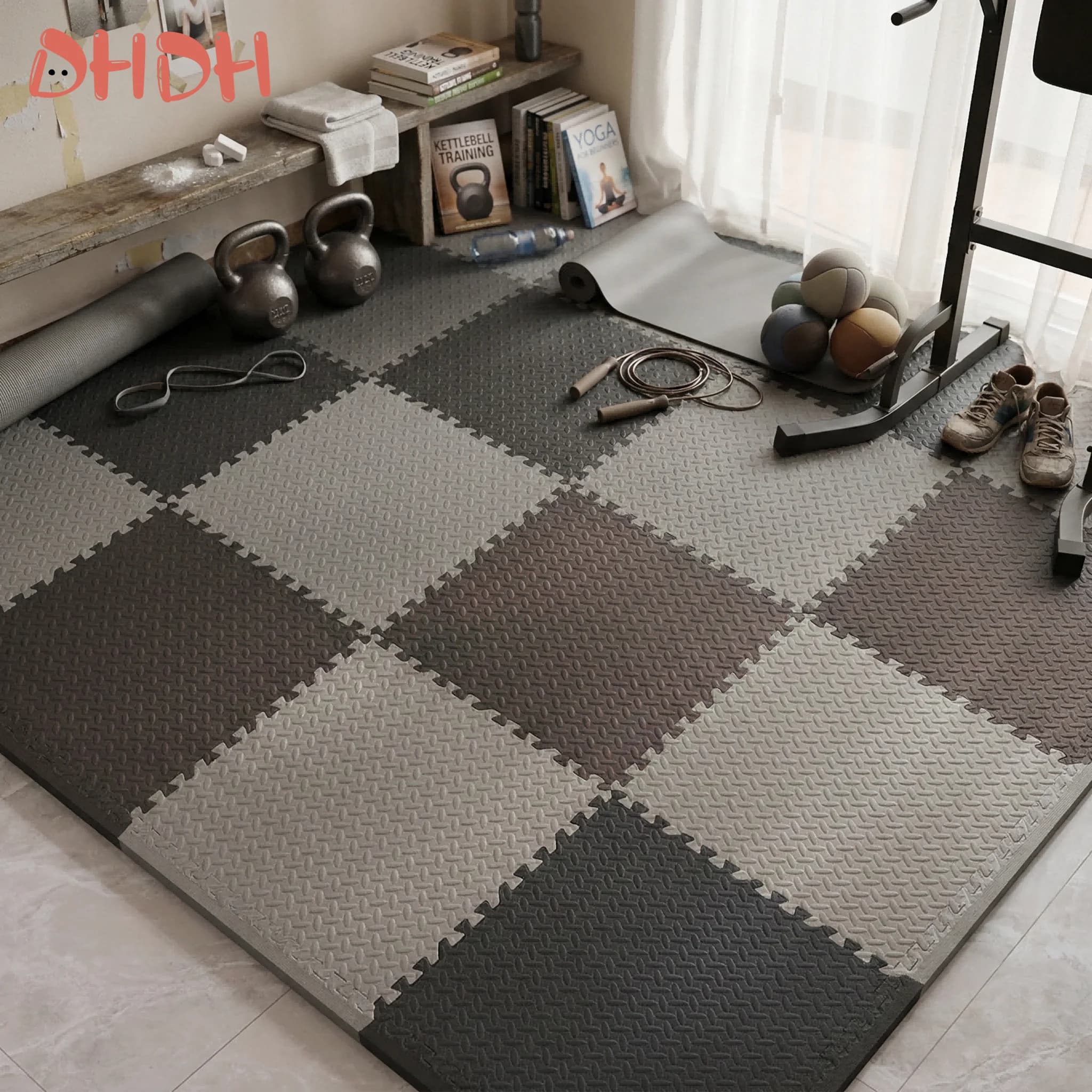 Tapete de Gimnasio para Entrenamiento en Casa, Tapete de Ejercicio de Goma Antideslizante con Diseño Encastrable, Alfombra de Fitness Resistente para
