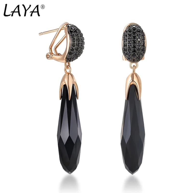Laya-pendientes largos Retro de Plata de Ley 925 con incrustaciones de piedra negra para mujer, accesorios de joyería modernos originales para fiesta