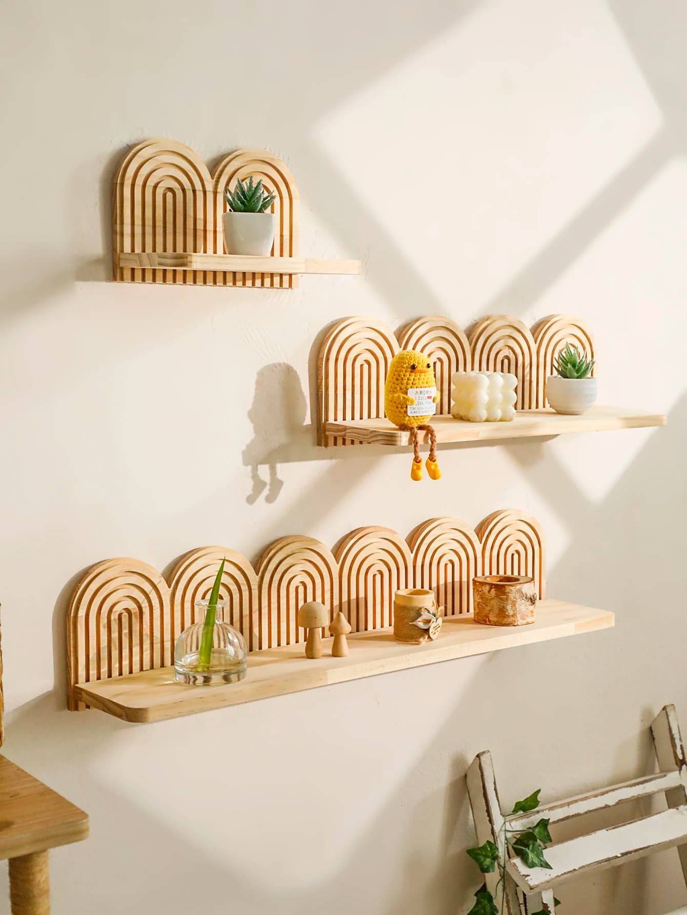 Estantes de pared arqueados de madera bohemia, estantes flotantes de diseño rústico de arcoíris de madera Natural, estantes de almacenamiento