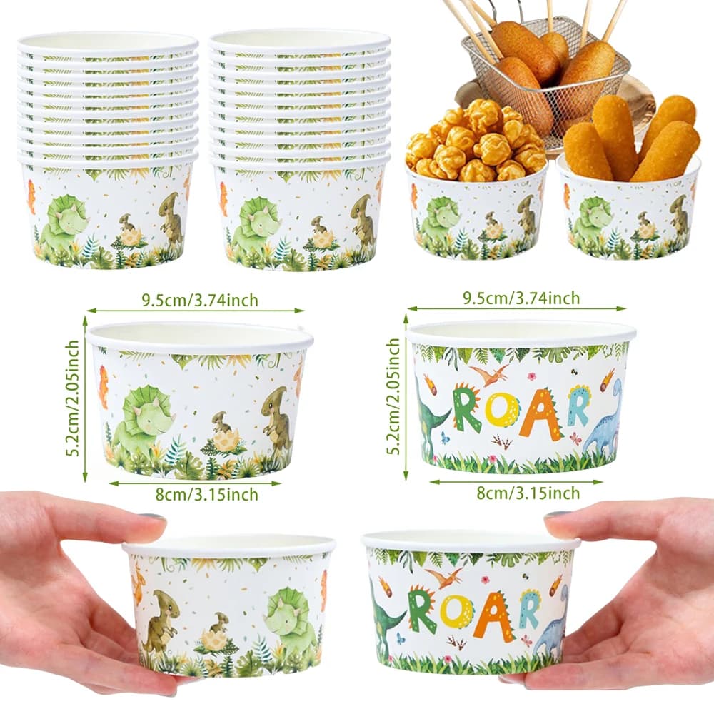 Tazas de helado de papel con tema de dinosaurio, postre desechable, comida, dulces, cuencos de palomitas de maíz, suministros para fiesta de