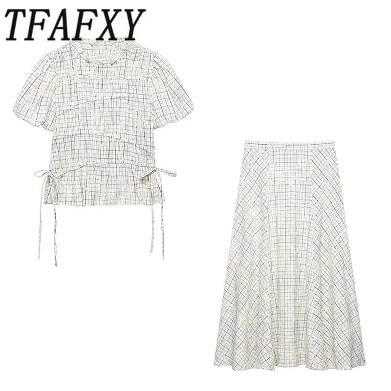 TFAFXY Conjunto de Blusa Bordada con Lazo y Falda Midi Larga a Cuadros para Mujer, Estilo Y2K, Verano 2026