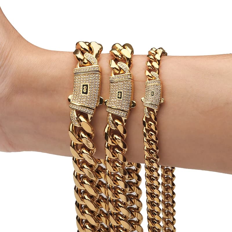 Collares de cadenas cubanas de Miami de acero inoxidable de Color dorado de 6-14mm, cadena de eslabones de bloqueo de caja de circón CZ para hombres,