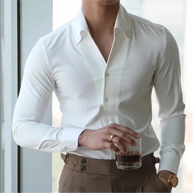 Camisa con cuello italiano para hombre, sin arrugas, informal, a la moda, ajustada con diseño de solapa, ropa de marca, juvenil, nueva