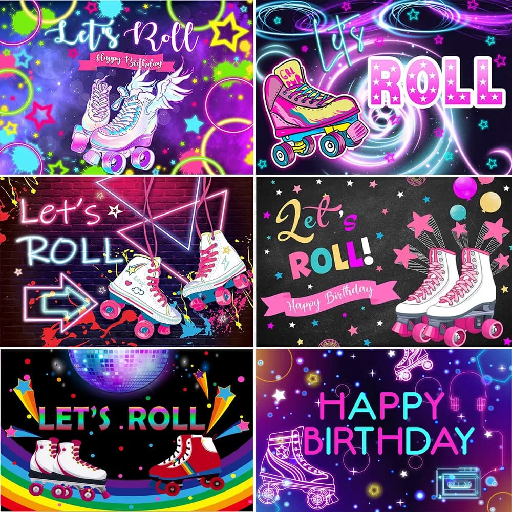 Let's Roll-luces de neón de patinaje sobre ruedas para mujer, telón de fondo con temática de los años 80 y 90, luces de arco iris, decoración de