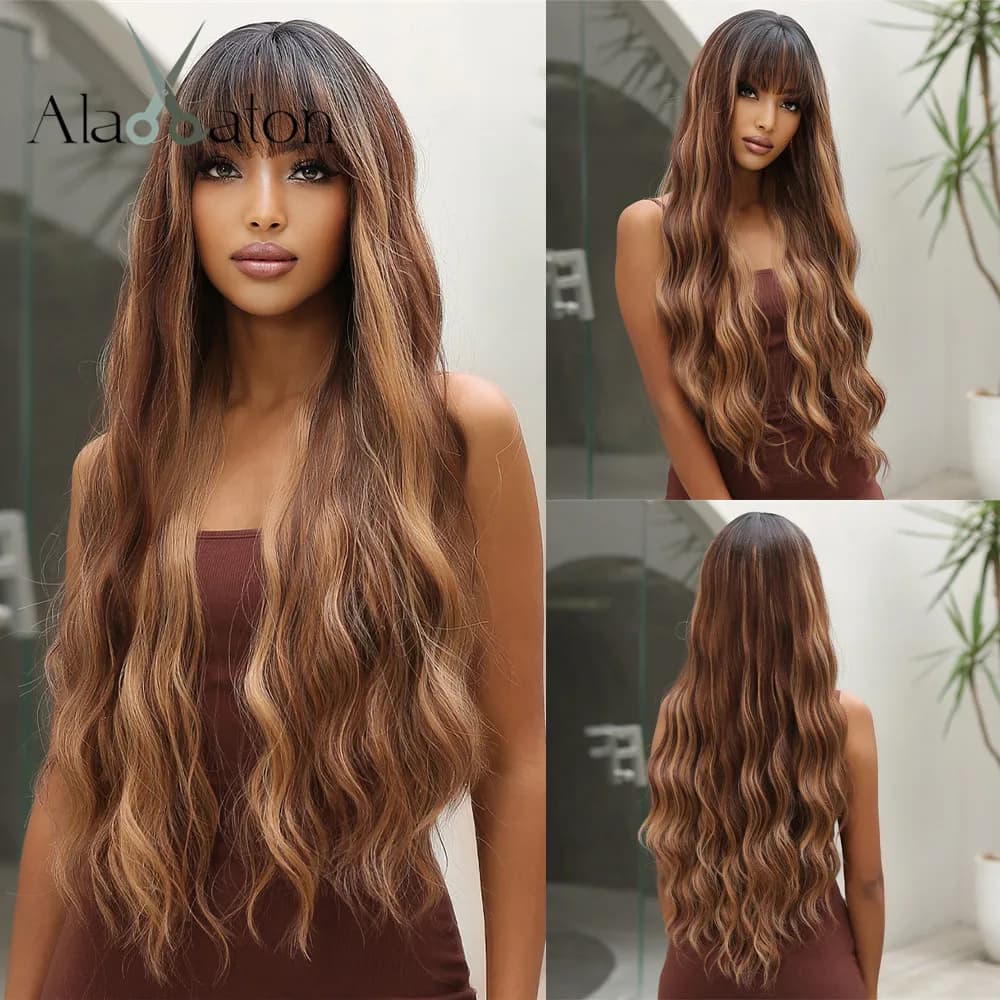 Pelucas sintéticas ALAN EATON con reflejos marrones y flequillo para mujeres negras, peluca larga ondulada marrón miel ombré, pelo Natural