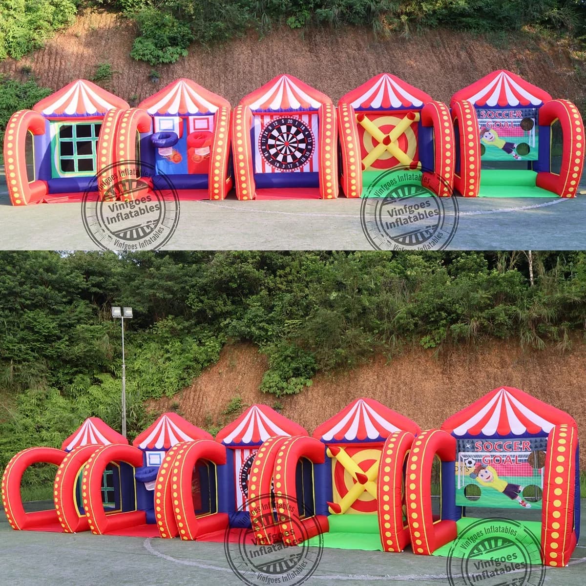 Los más nuevos juegos inflables 5 en 1 del paquete del carnaval juega del fútbol golpear el juego Ross del anillo para niños y adultos