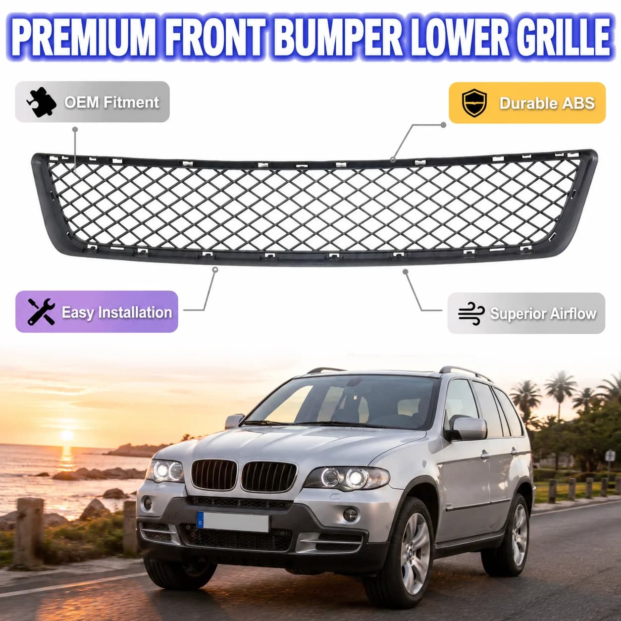 Rejilla Inferior Delantera Deportiva de Malla Transpirable Resistente a la Decoloración para BMW X5 E70 2007-2010 51117159597 51117222856