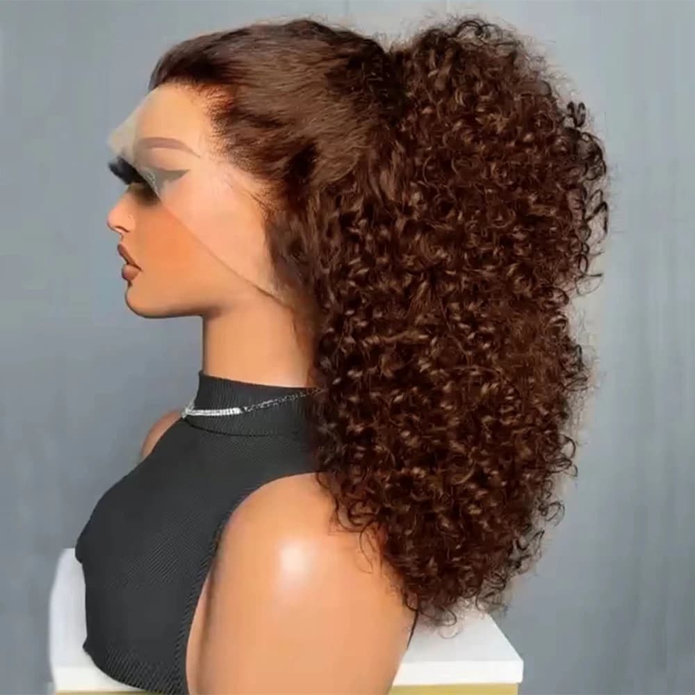 Peluca Bob de Cabello Humano 100% Original, Color Marrón Chocolate, con Frontal de Encaje 13x4 y Ondas Profundas #   Pelucas Cortas Rizadas Birmanas