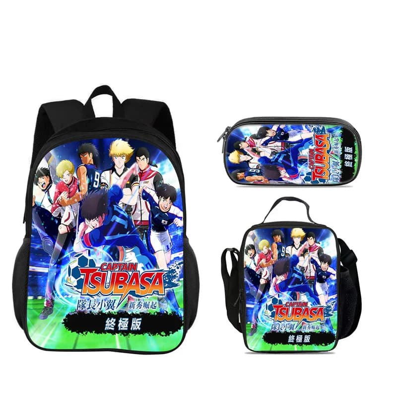 Conjunto de 3 piezas de mochila Captain Tsubasa, bolsa para bolígrafos, bolsa para hielo, duradera, moderna, versátil, para la escuela, para niños