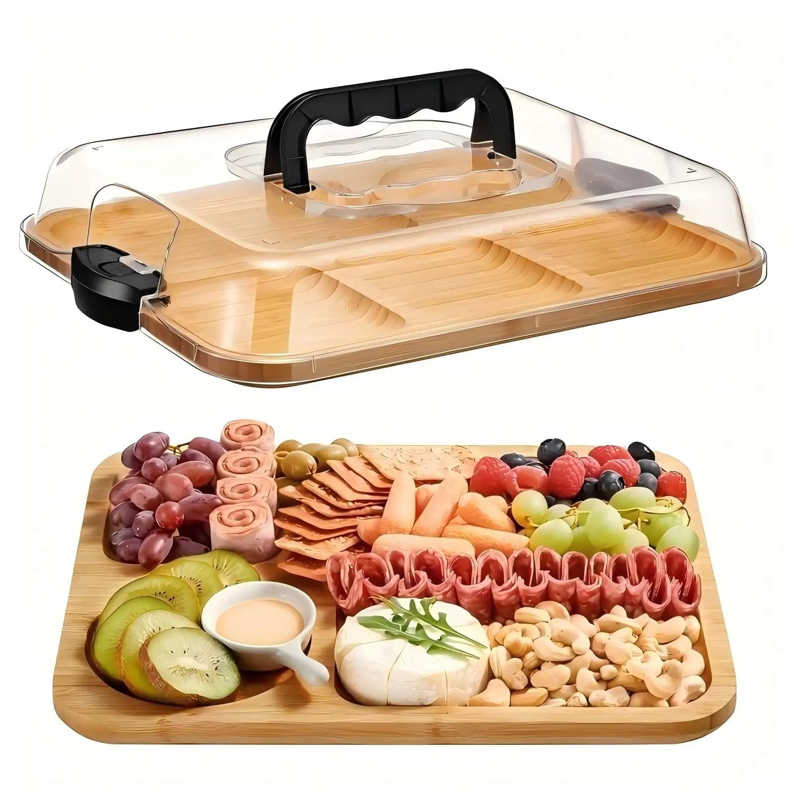 Bandeja para servir con tapa de 6 compartimentos, plato de viaje para queso, charcutería y fruta con asas, 1 ud.