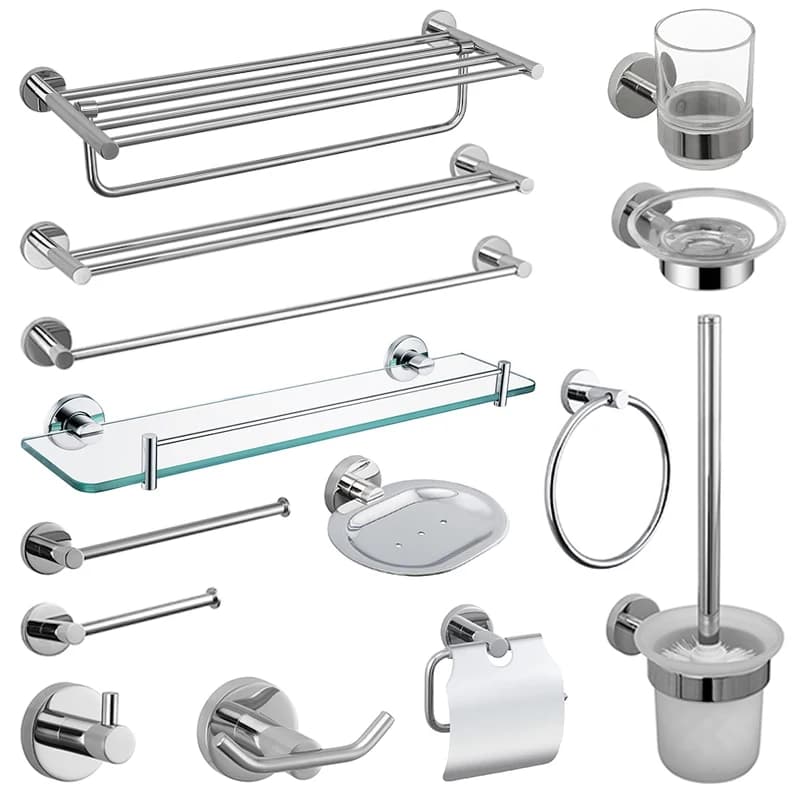 Accesorios de baño de alta calidad Cromo Pulido Cepillo de inodoro Titular Toallero Barra de toallas Jabón Plato de vidrio Estante de pared Gancho