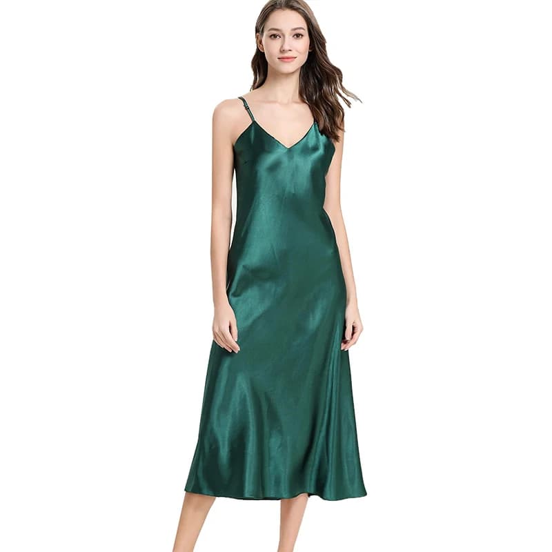 Camisón de satén para mujer, vestido largo para dormir, ropa de dormir de seda con cuello en V, ropa de dormir de color sólido