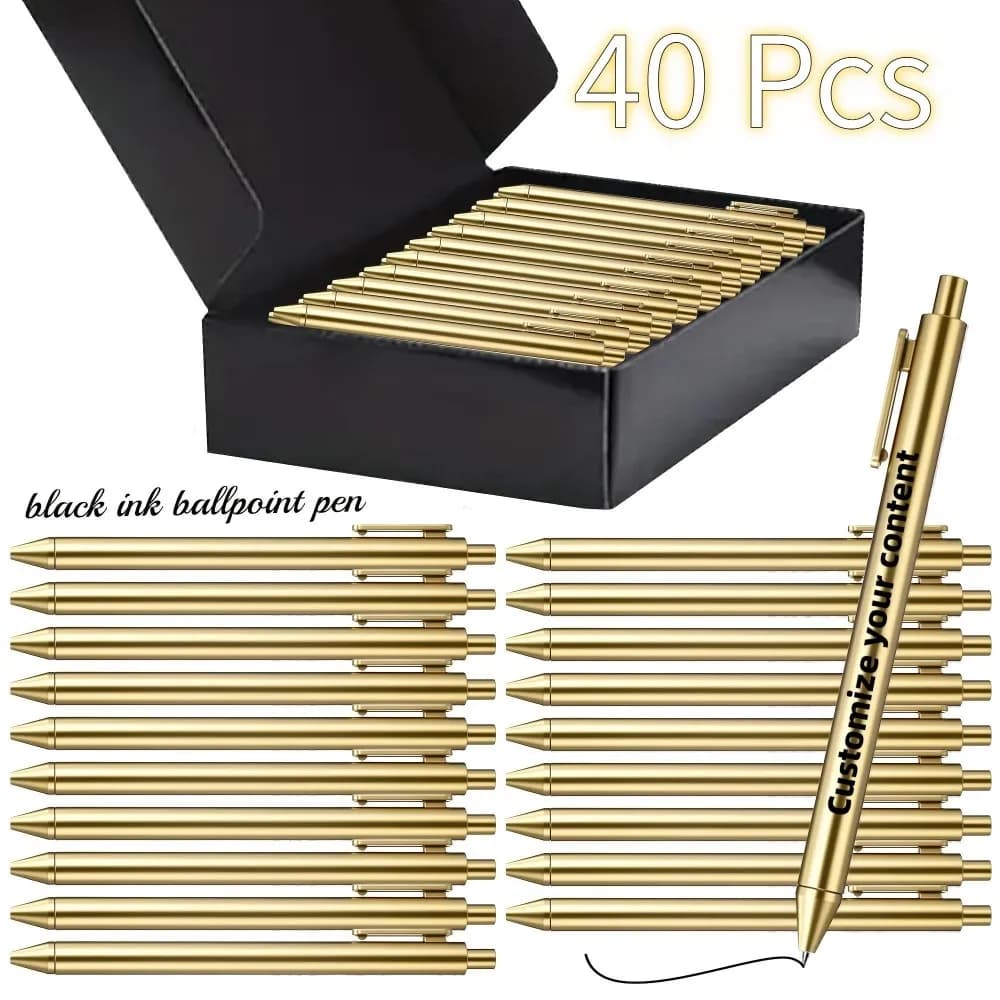 Juego de 40 Bolígrafos de Lujo Personalizados con Caja de Regalo Negra, Tinta Negra Retráctil, Texto Grabado con Láser, Escritura Suave, 10/40