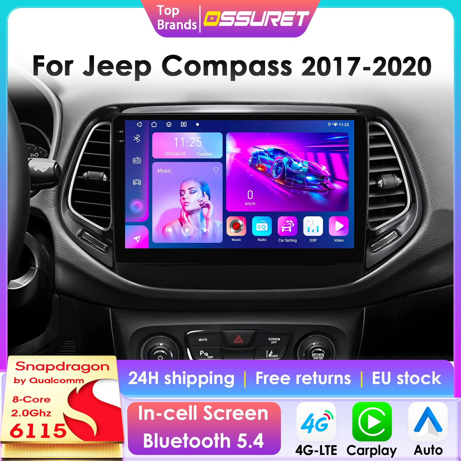 Radio de Auto con CarPlay y Android Auto Inalámbrico para Jeep Compass 2017-2020, Sistemas Inteligentes GPS, Estéreo Multimedia, Autoradio 4G 6115