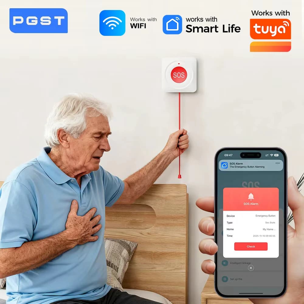 PGST Botón de Pánico WiFi para Ancianos, Dispositivos de Alerta de Caídas de Emergencia SOS, Localizador de Cuidadores, Sistema de Alarma Vital,