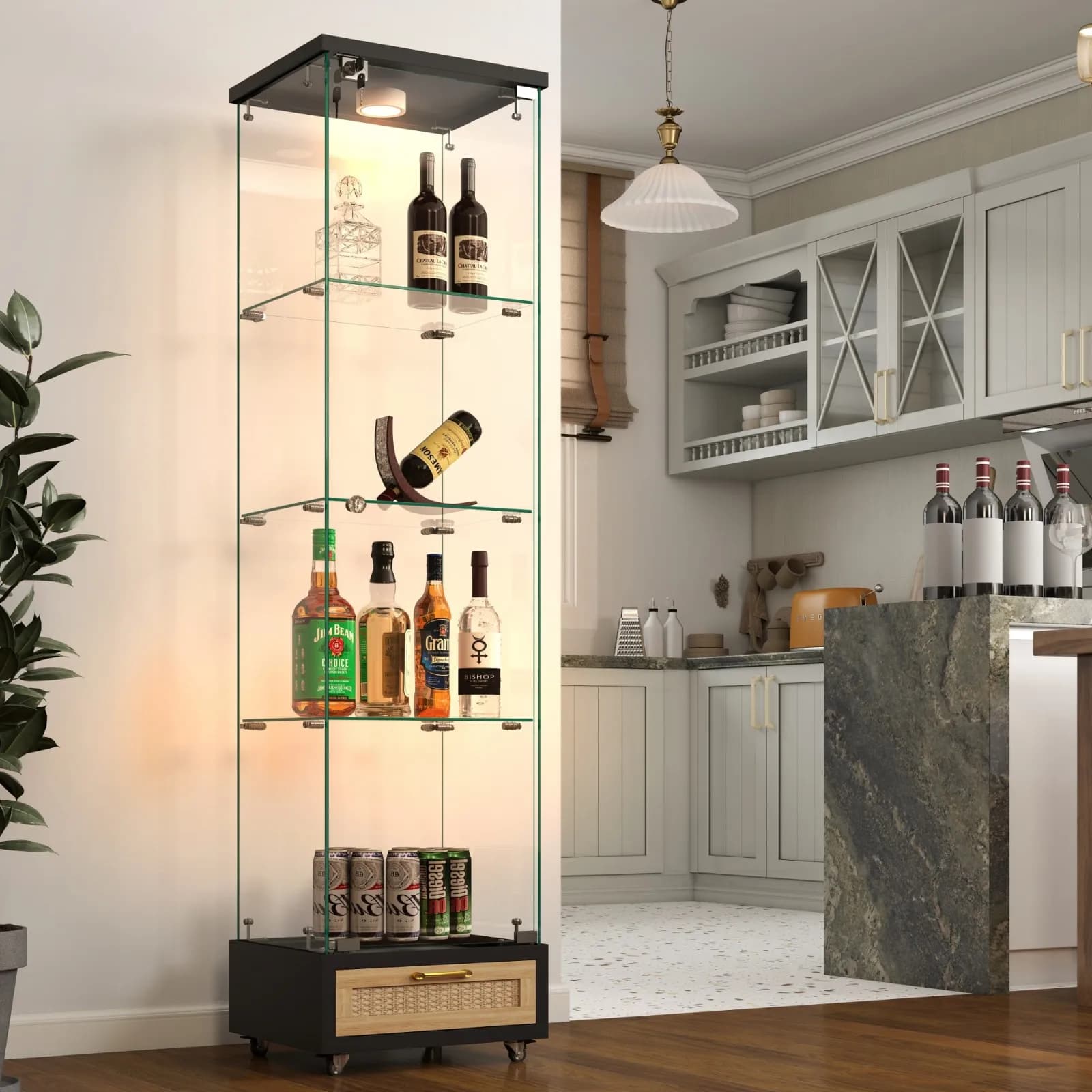 Vitrina de Vidrio Lazyspace con Luz LED RGB, Vitrina con Cerradura, Cajón y Ruedas, Decoración para Sala de Estar