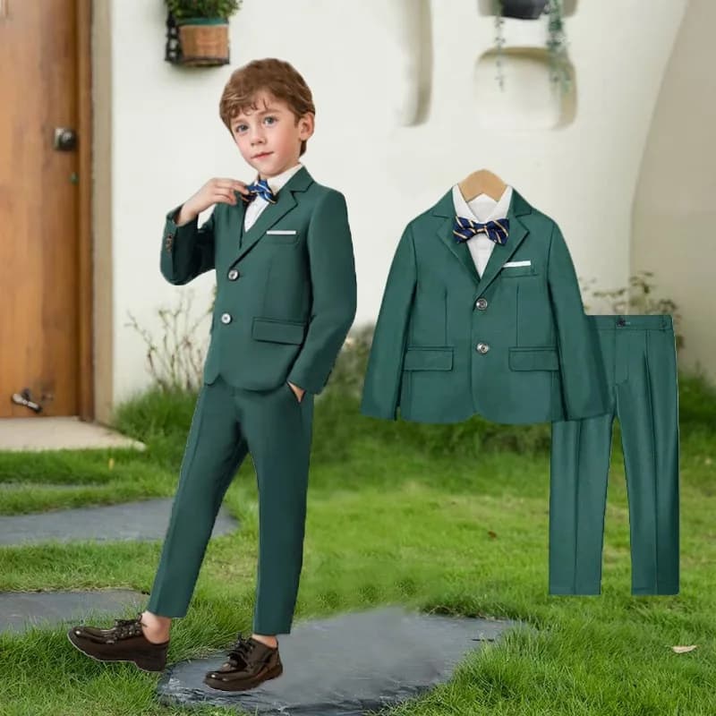 Conjunto de 3 unidades de chaqueta verde para niños, pantalones, pajarita, uniforme escolar, vestido de boda y cumpleaños, traje de presentador de